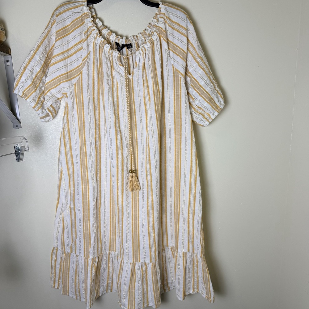 Mlle Gabrielle Linen Blend Boho Peasant Dress Cream XL Puff Sleeve Tassel Beads